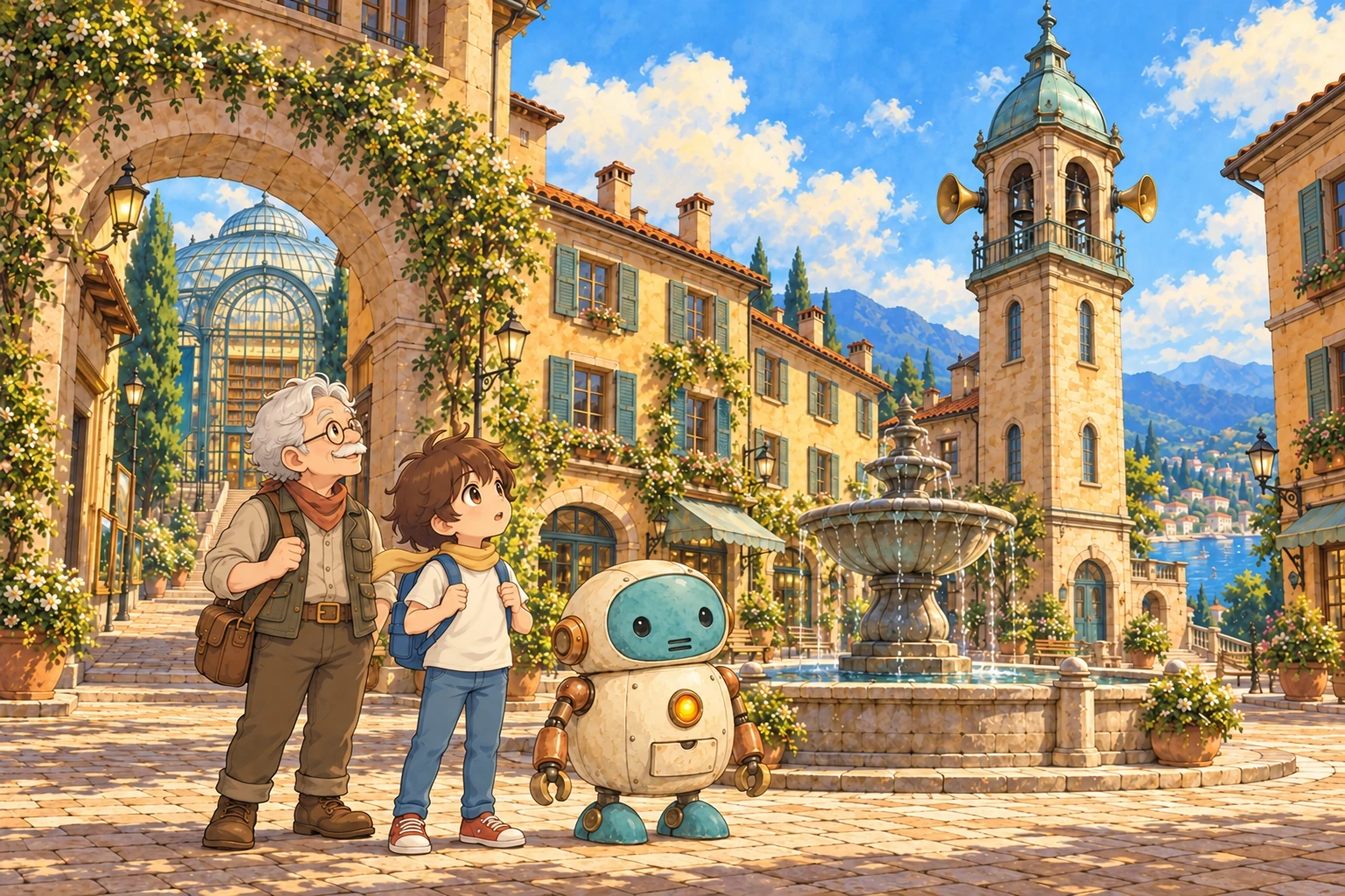 Un enfant, Grand-père et un petit robot sur la place ensoleillée de la ville aux voix mélangées