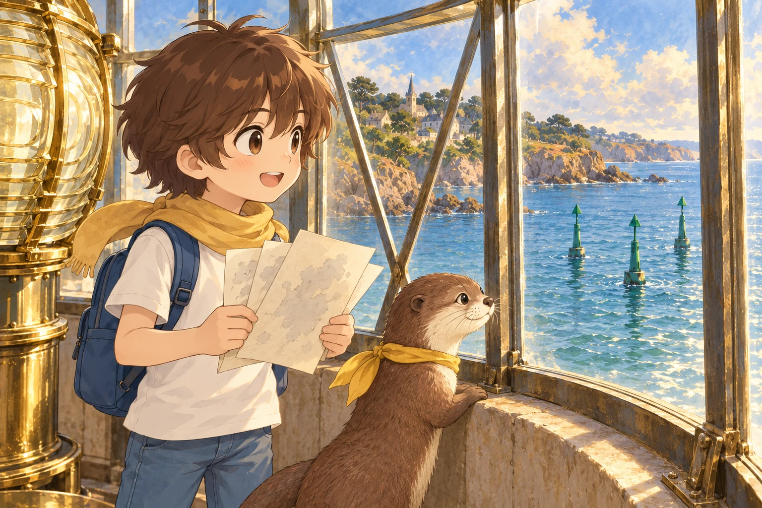 Depuis la fenêtre du phare, l’enfant et Brumécume observent trois balises vertes dans le chenal.
