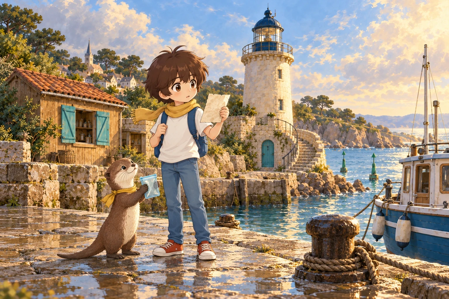 Un jeune aventurier explore le port et le phare avec Brumécume, une loutre au foulard jaune.