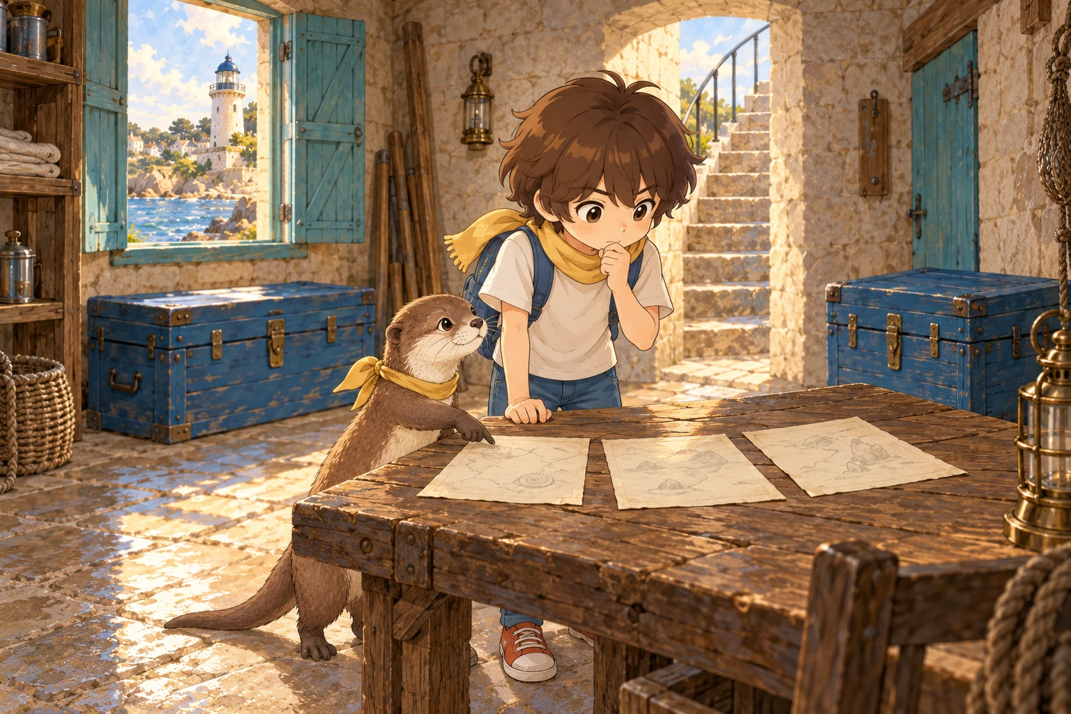 L’enfant et Brumécume comparent trois messages sur une table, près de deux coffres bleus.