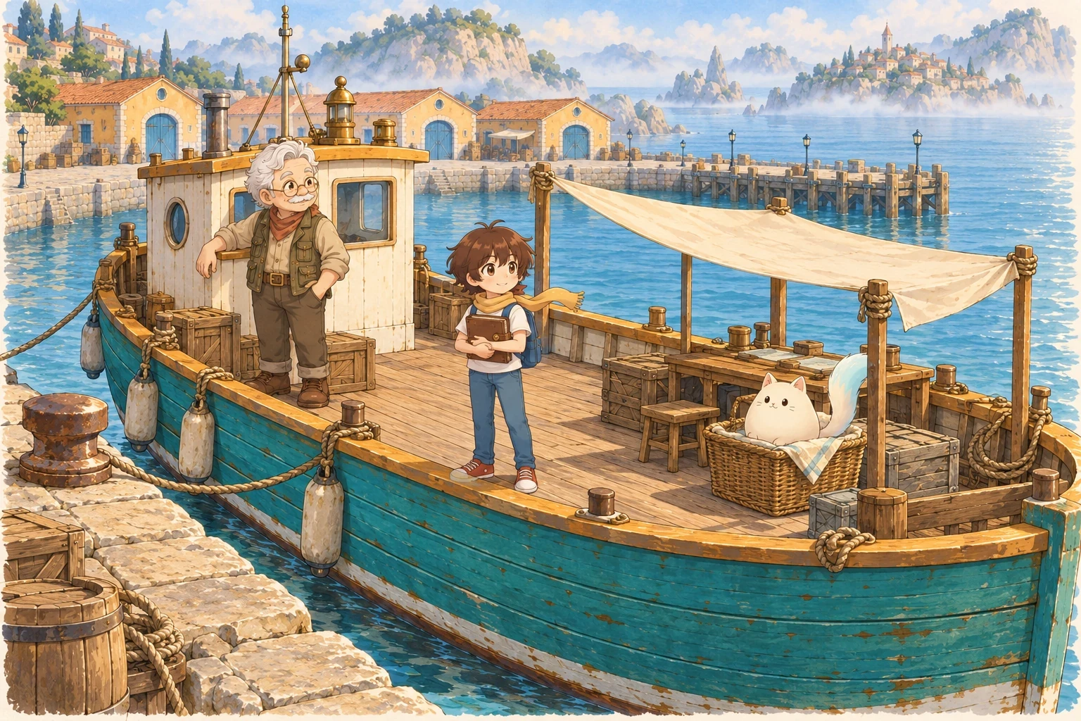 Un enfant consulte le carnet du cargo de Brumelune, avec Grand-père et le chat blanc Yuki sur le pont