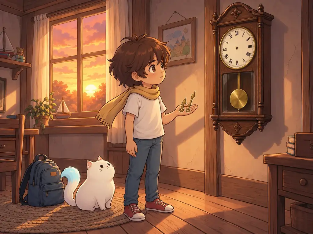 Couverture de La Dernière Journée Infinie : un enfant, Yuki le chat blanc et une pendule au coucher du soleil