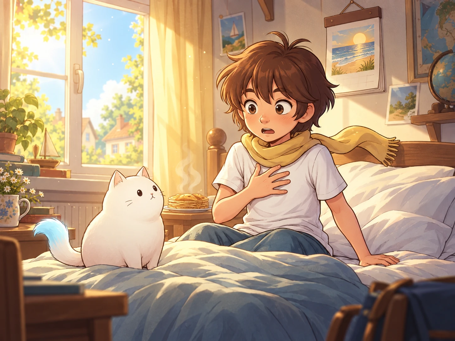 Le héros se réveille surpris dans sa chambre, sous le regard de Yuki, son chat blanc