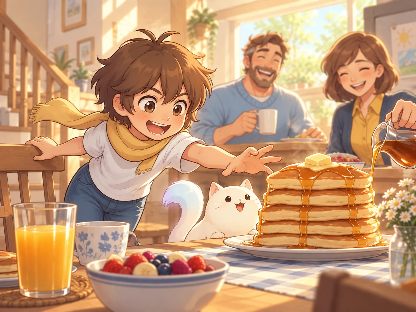 Le héros se précipite vers une pile de crêpes avec Yuki pendant une journée de vacances en famille